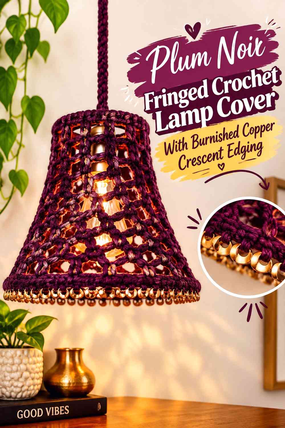 Plum Noir Fringed Crochet Lamp Cover With Burnished Copper Crescent Edging