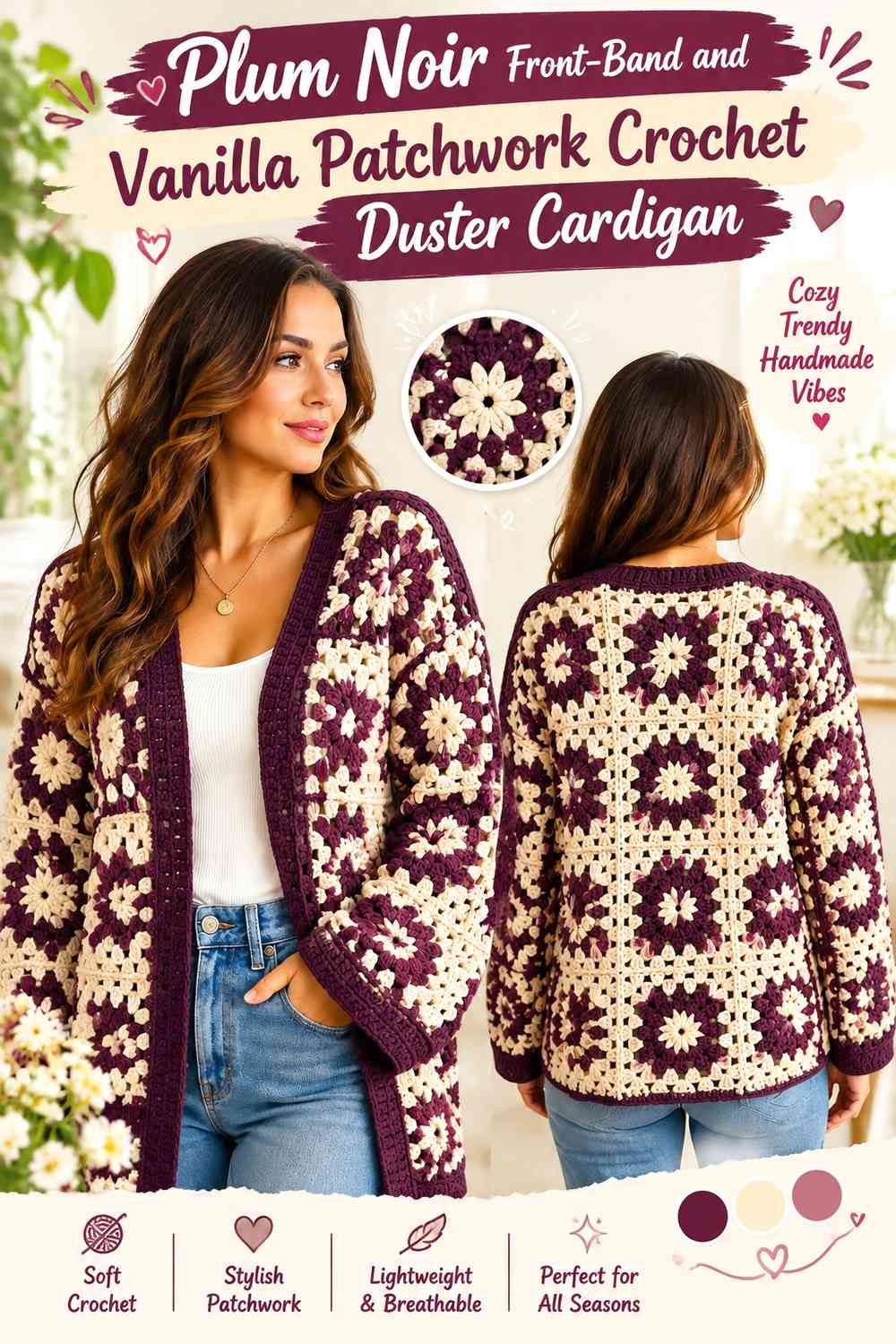 Plum Noir Front-Band and Vanilla Patchwork Crochet Duster Cardigan