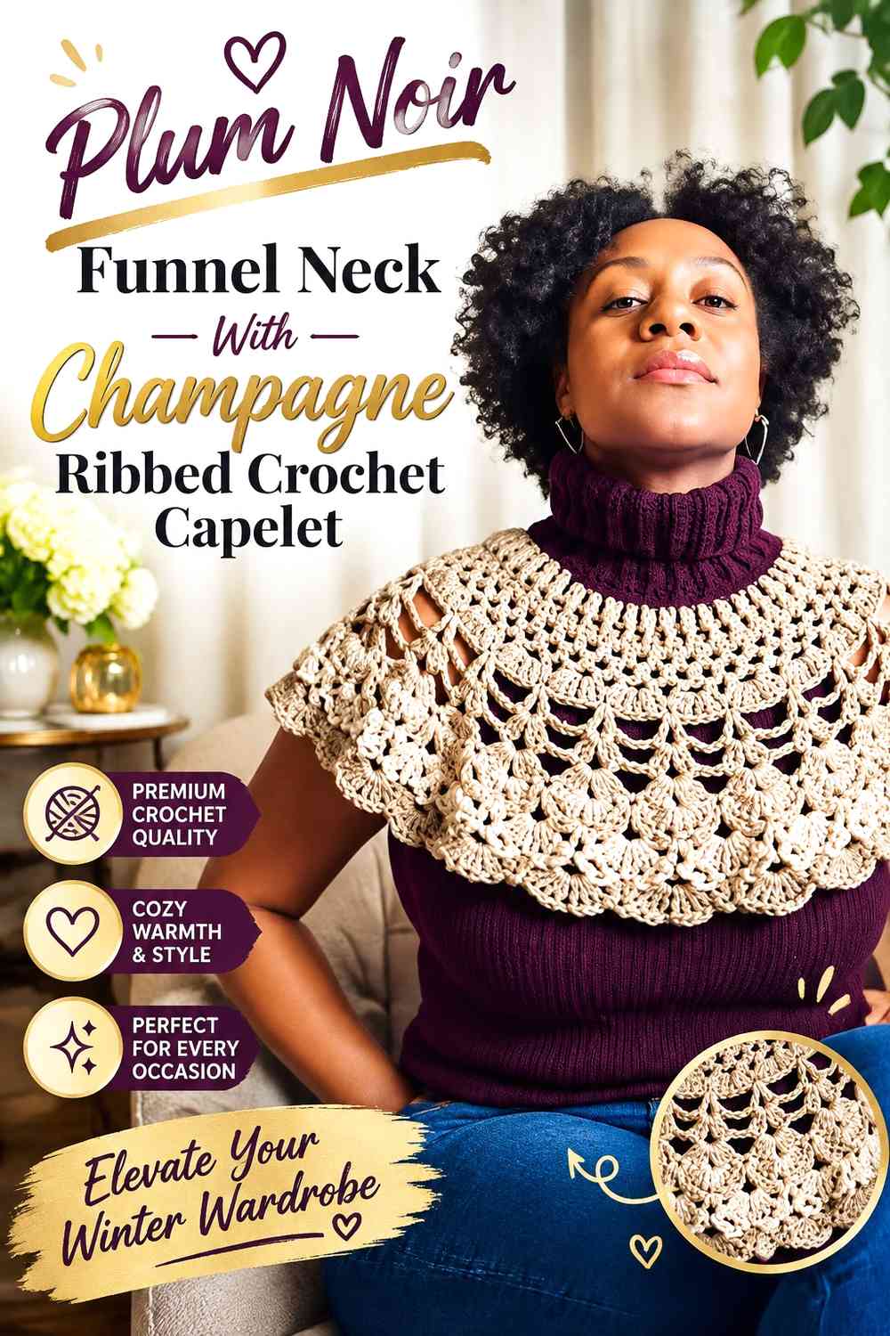 Plum Noir Funnel Neck With Champagne Ribbed Crochet Capelet