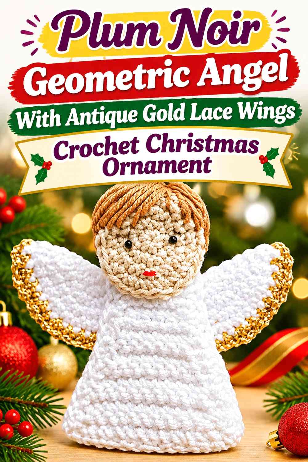 Plum Noir Geometric Angel With Antique Gold Lace Wings Crochet Christmas Ornament