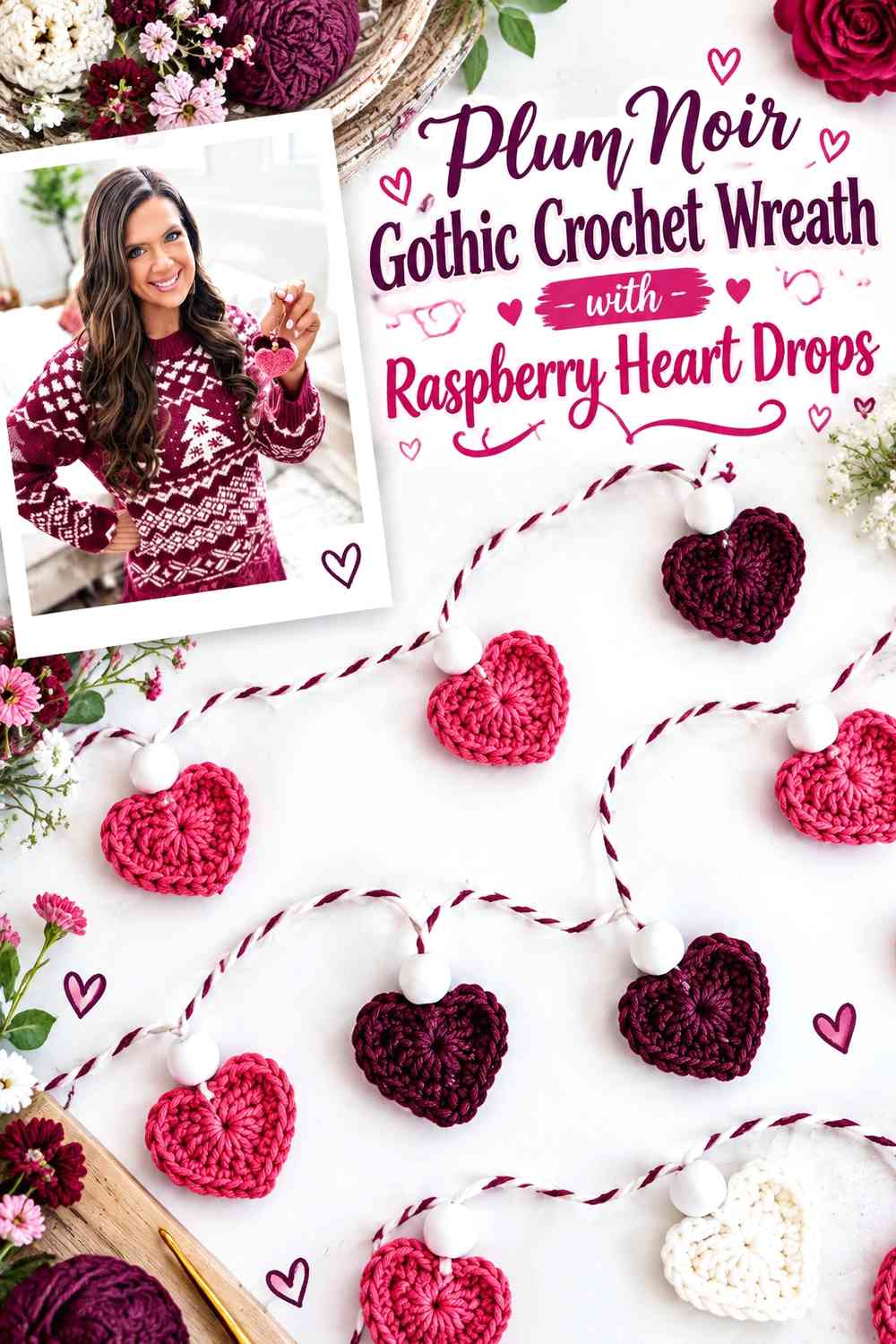 Plum Noir Gothic Crochet Wreath with Raspberry Heart Drops