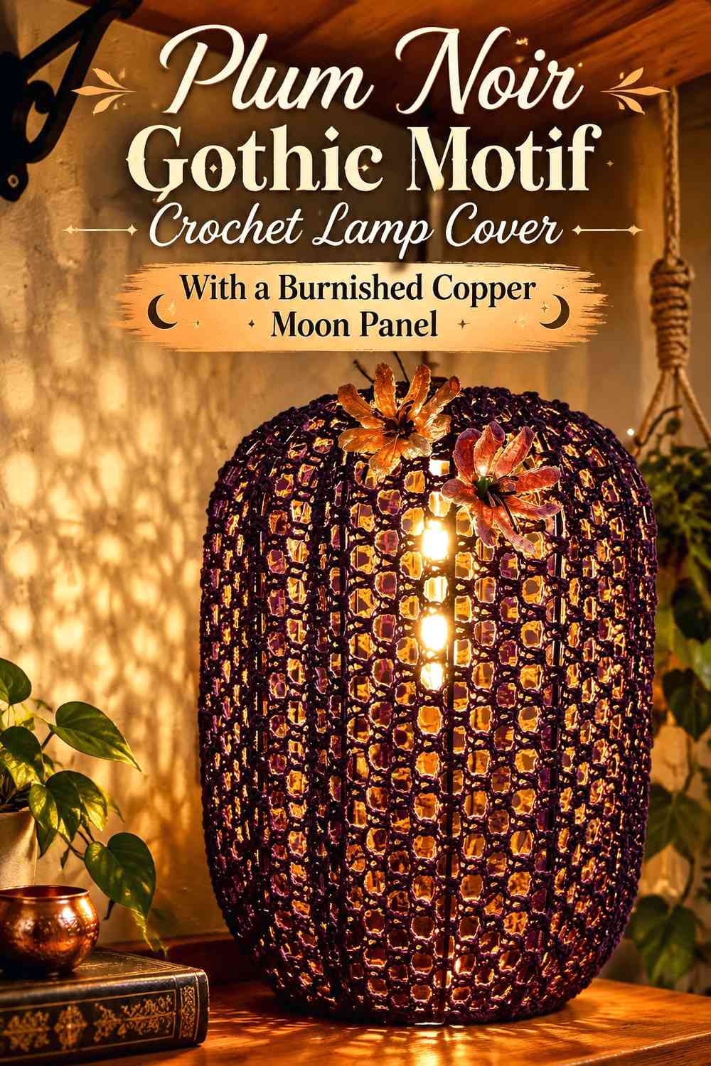 Plum Noir Gothic Motif Crochet Lamp Cover With a Burnished Copper Moon Panel