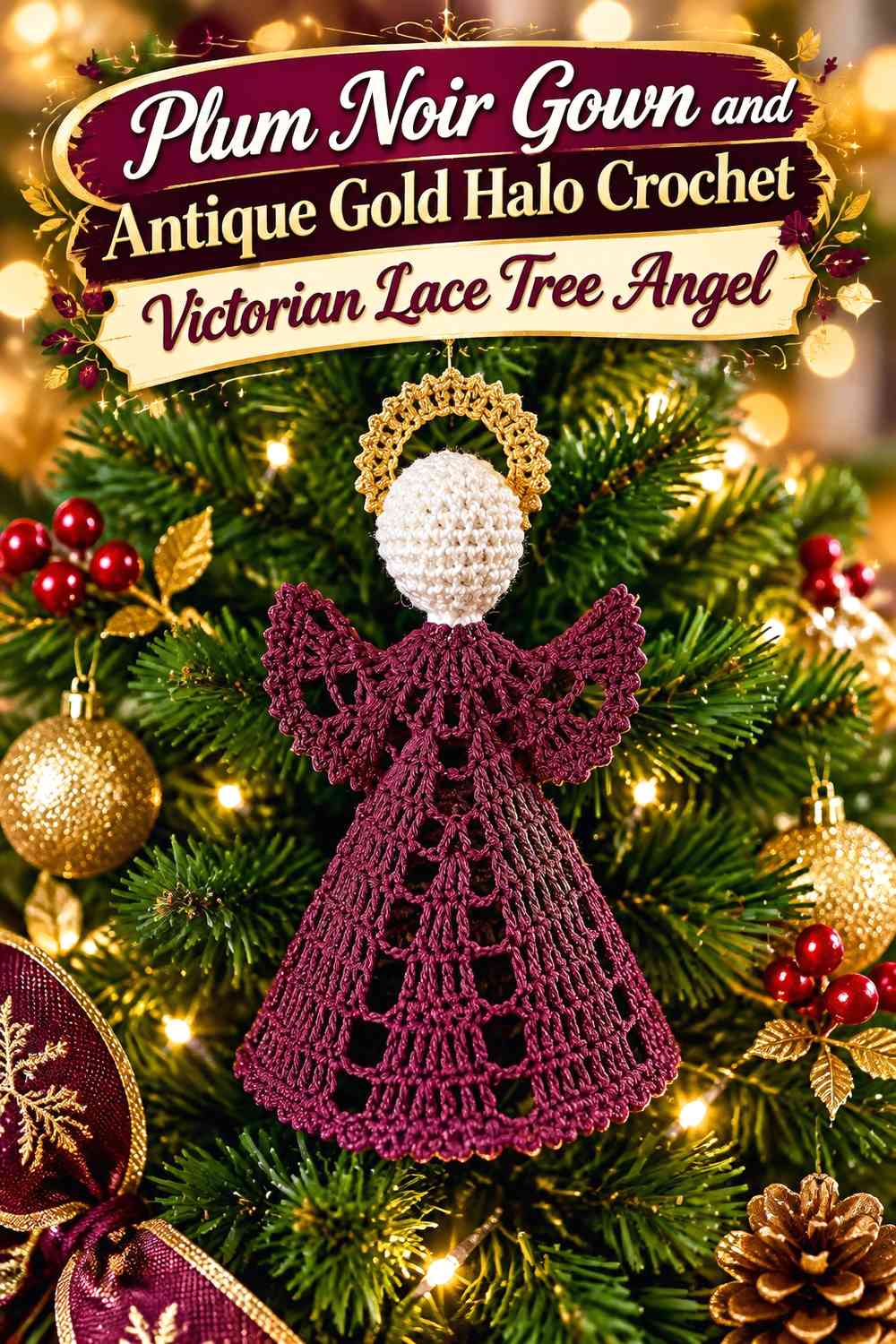 Plum Noir Gown and Antique Gold Halo Crochet Victorian Lace Tree Angel