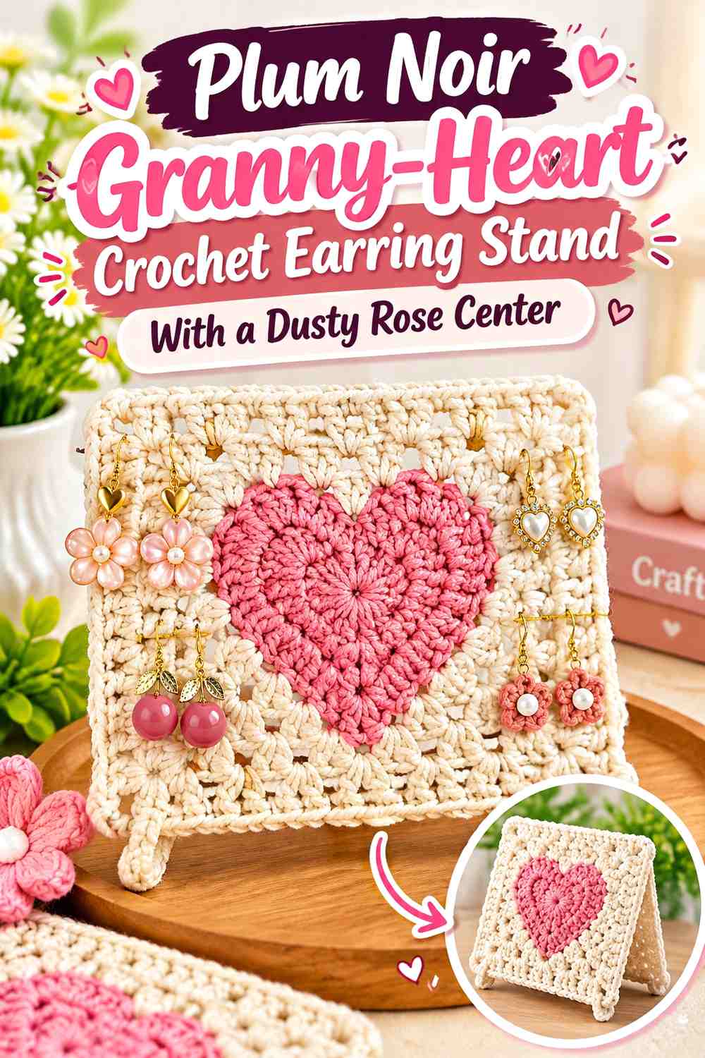 Plum Noir Granny-Heart Crochet Earring Stand With a Dusty Rose Center