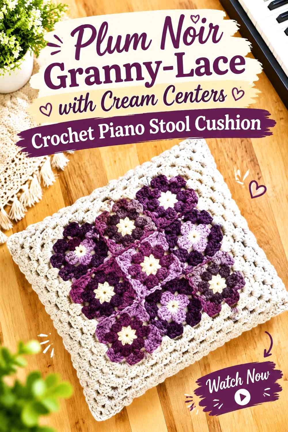 Plum Noir Granny-Lace with Cream Centers Crochet Piano Stool Cushion