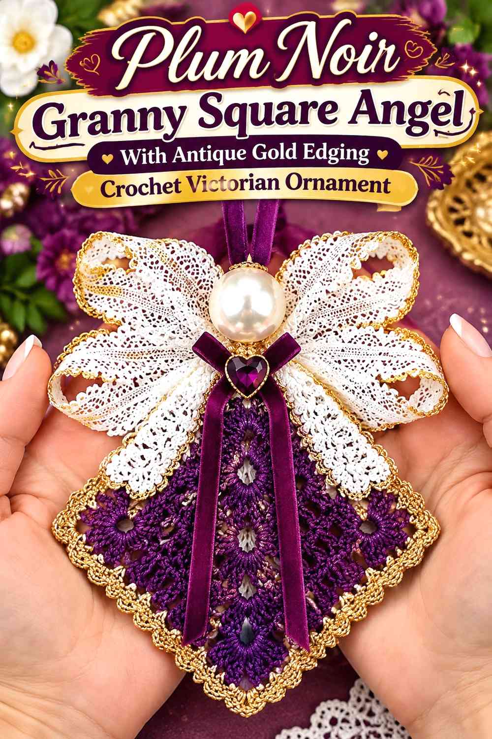 Plum Noir Granny Square Angel With Antique Gold Edging Crochet Victorian Ornament