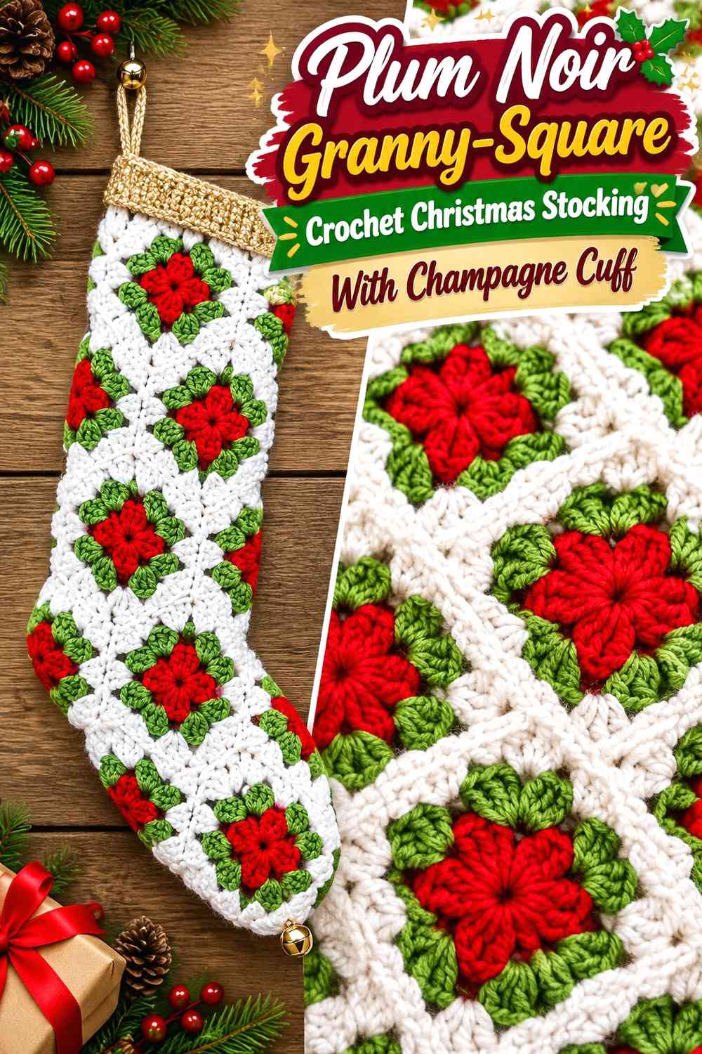 Plum Noir Granny-Square Crochet Christmas Stocking With Champagne Cuff