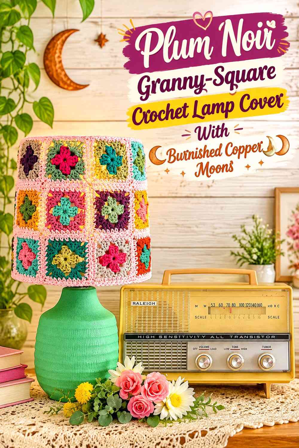 Plum Noir Granny-Square Crochet Lamp Cover With Burnished Copper Moons