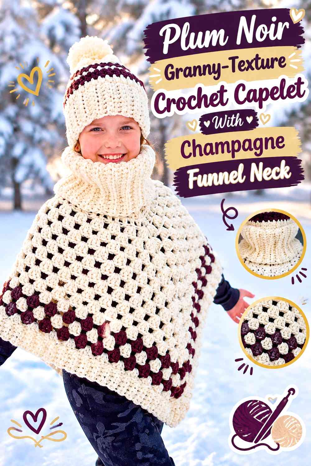 Plum Noir Granny-Texture Crochet Capelet With Champagne Funnel Neck