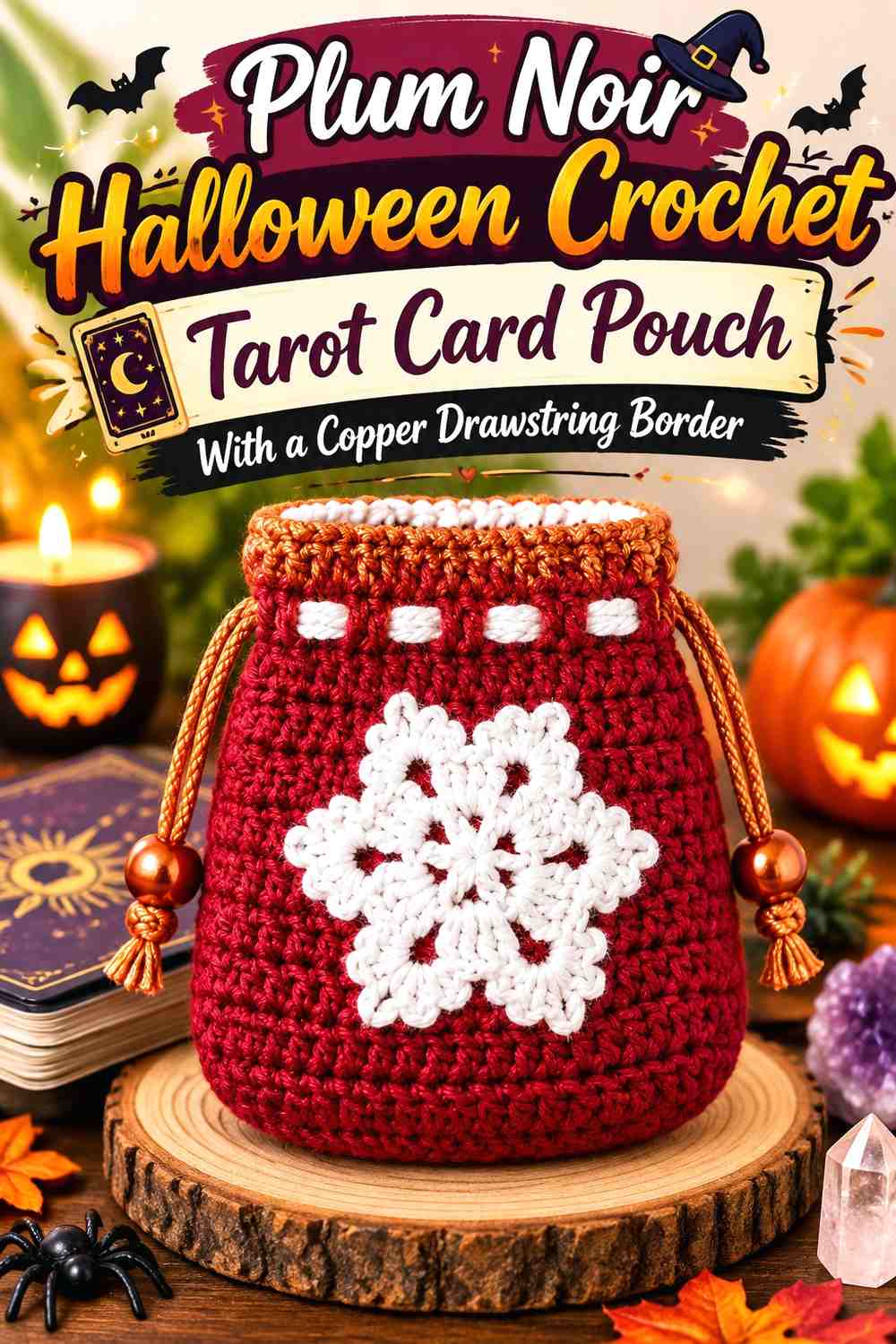 Plum Noir Halloween Crochet Tarot Card Pouch With a Copper Drawstring Border