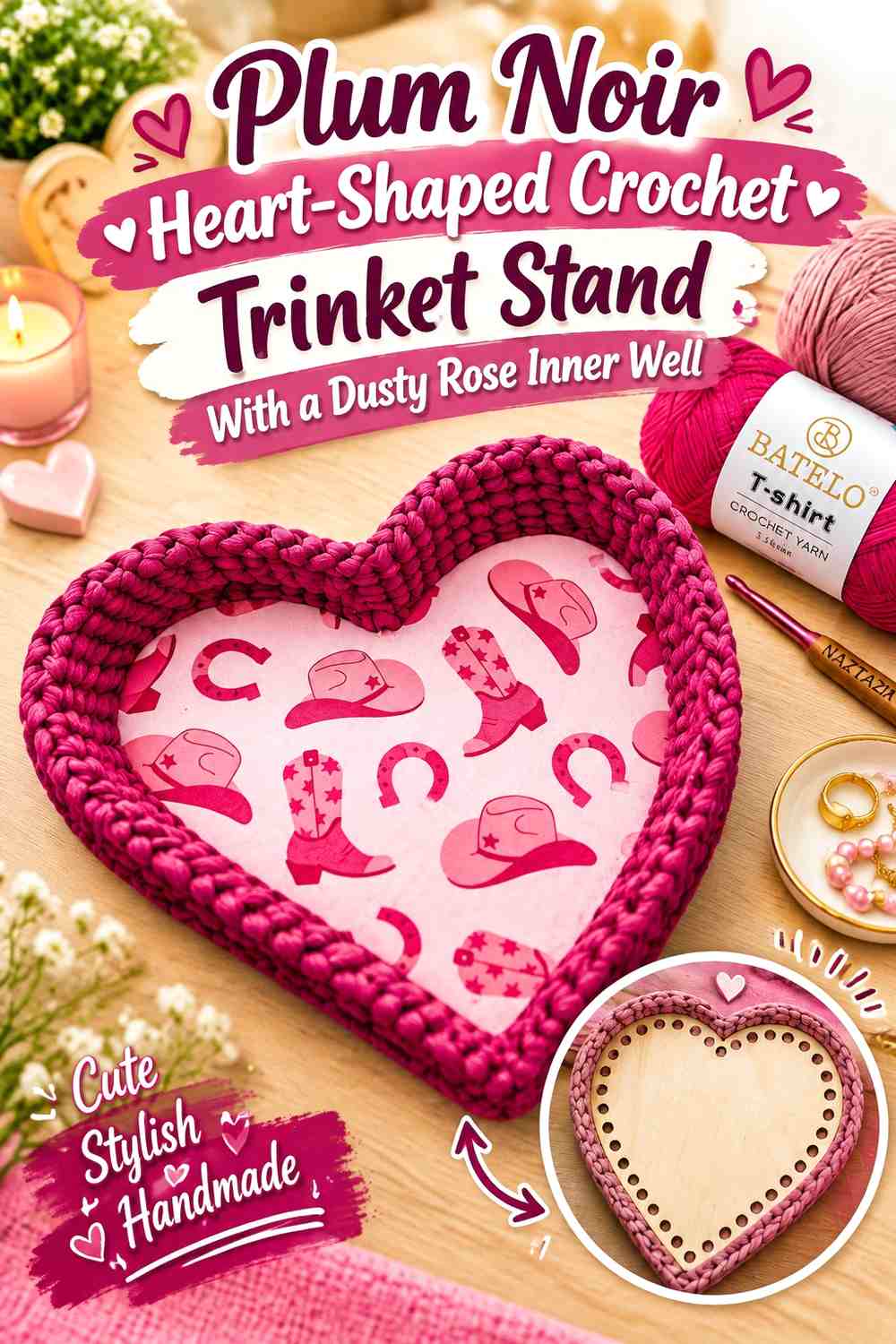 Plum Noir Heart-Shaped Crochet Trinket Stand With a Dusty Rose Inner Well