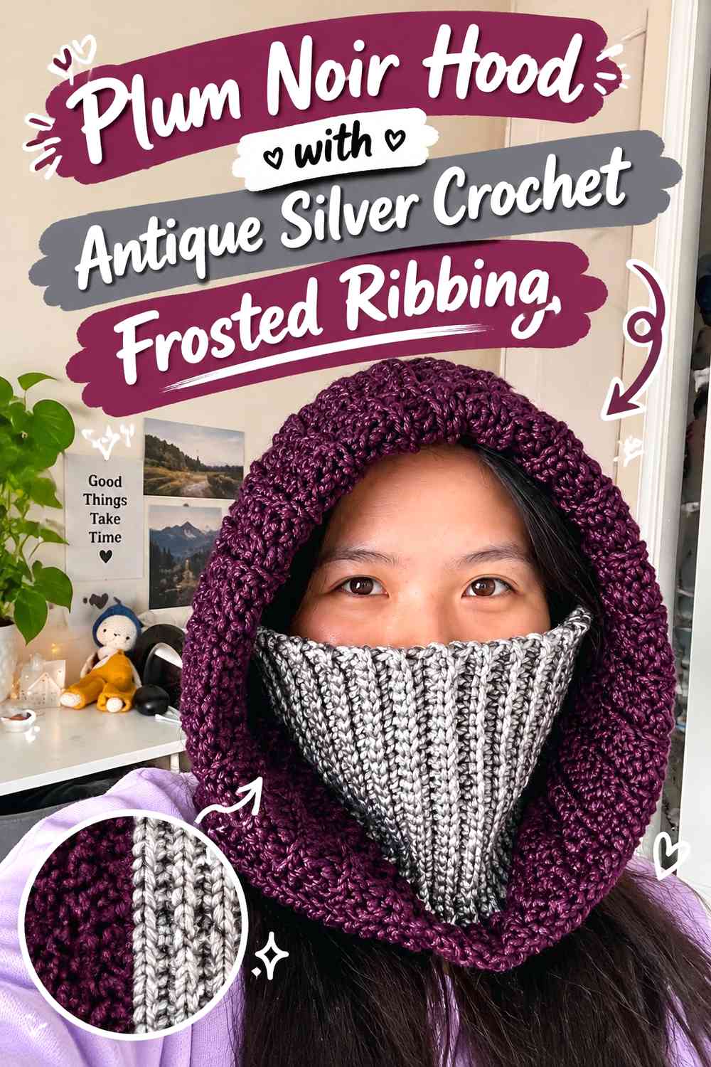 Plum Noir Hood with Antique Silver Crochet Frosted Ribbing
