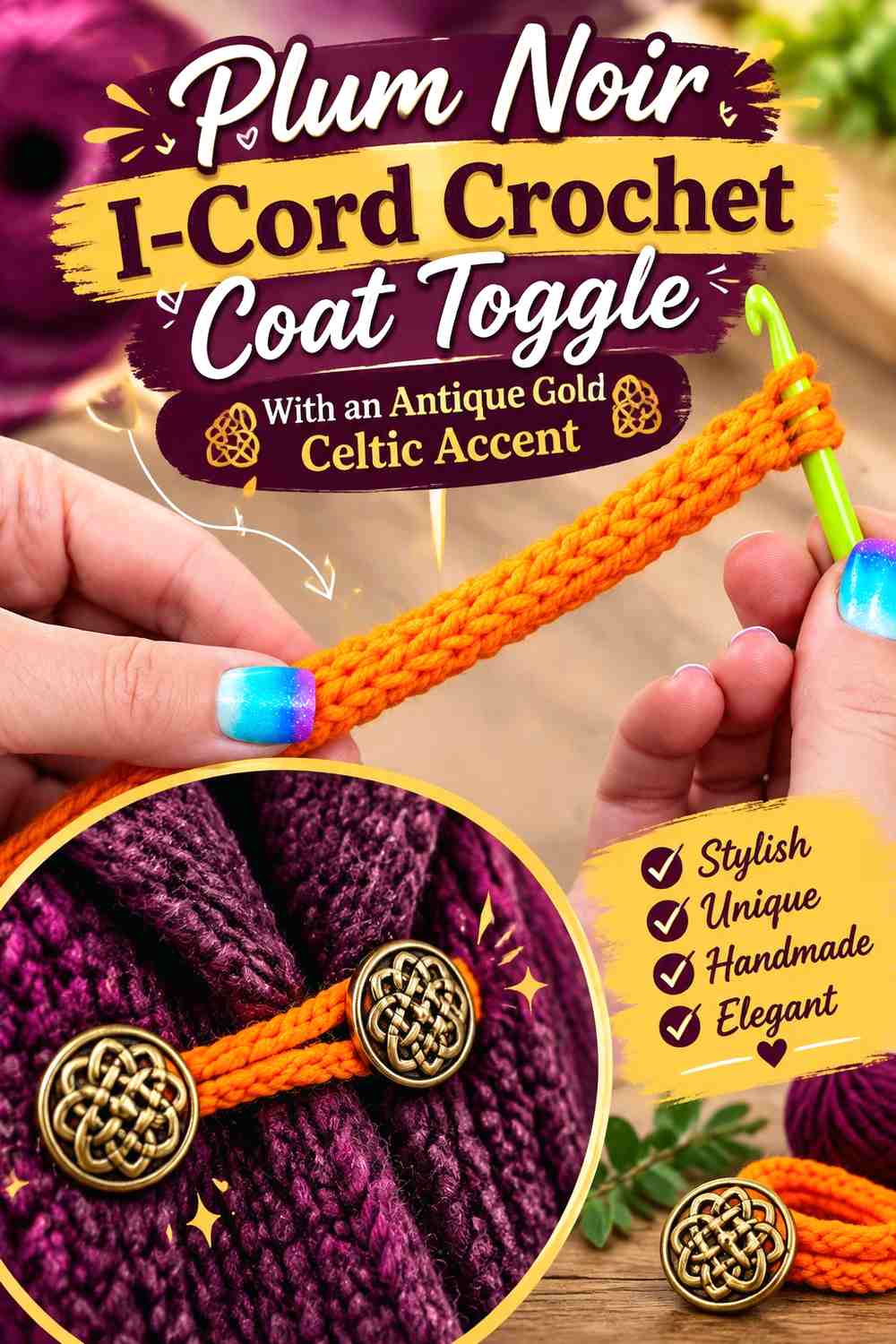 Plum Noir I-Cord Crochet Coat Toggle With an Antique Gold Celtic Accent