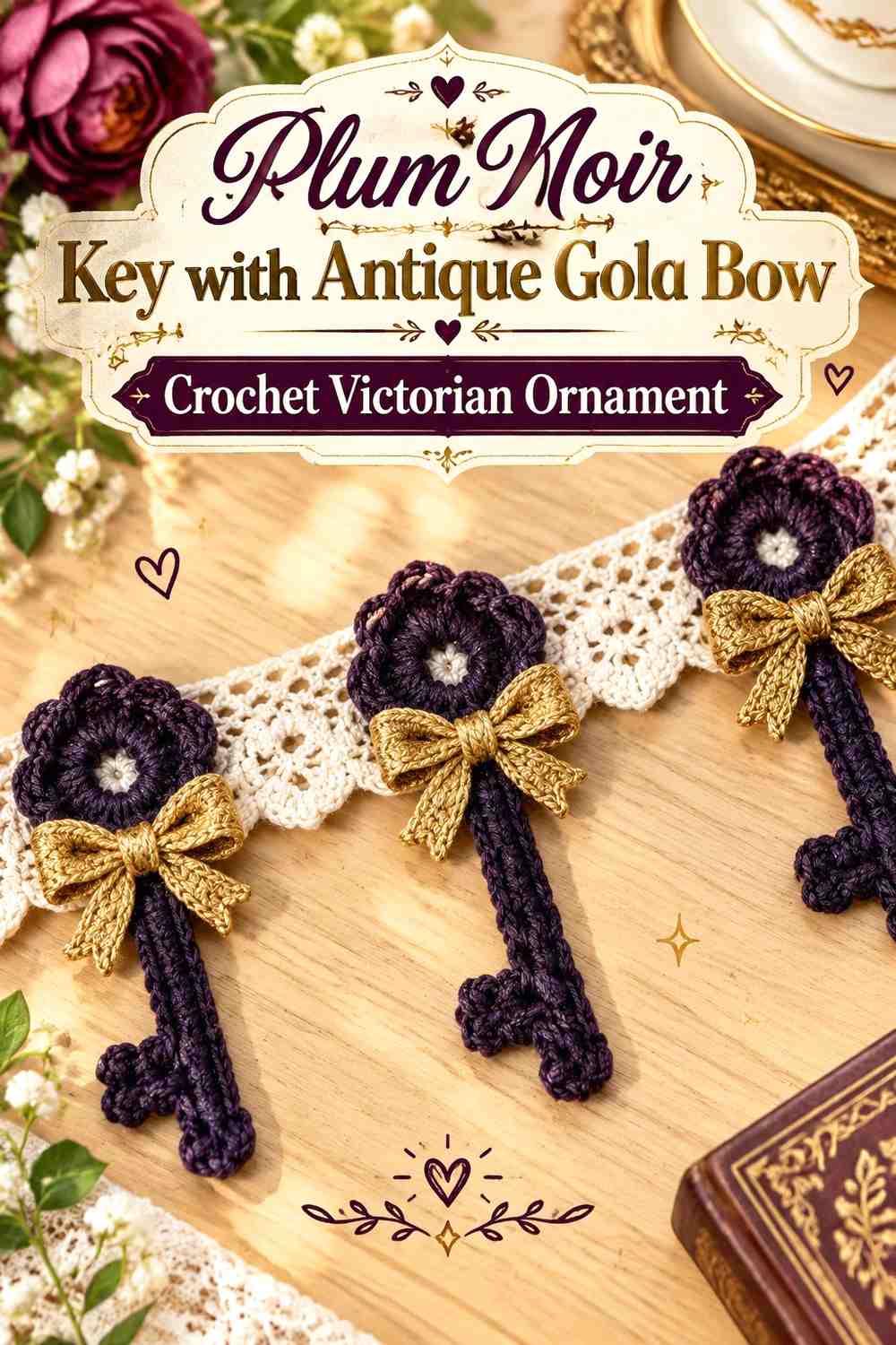 Plum Noir Key with Antique Gold Bow Crochet Victorian Ornament