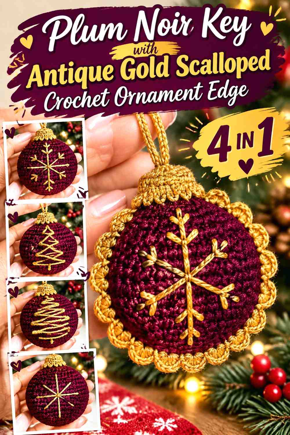 Plum Noir Key with Antique Gold Scalloped Crochet Ornament Edge