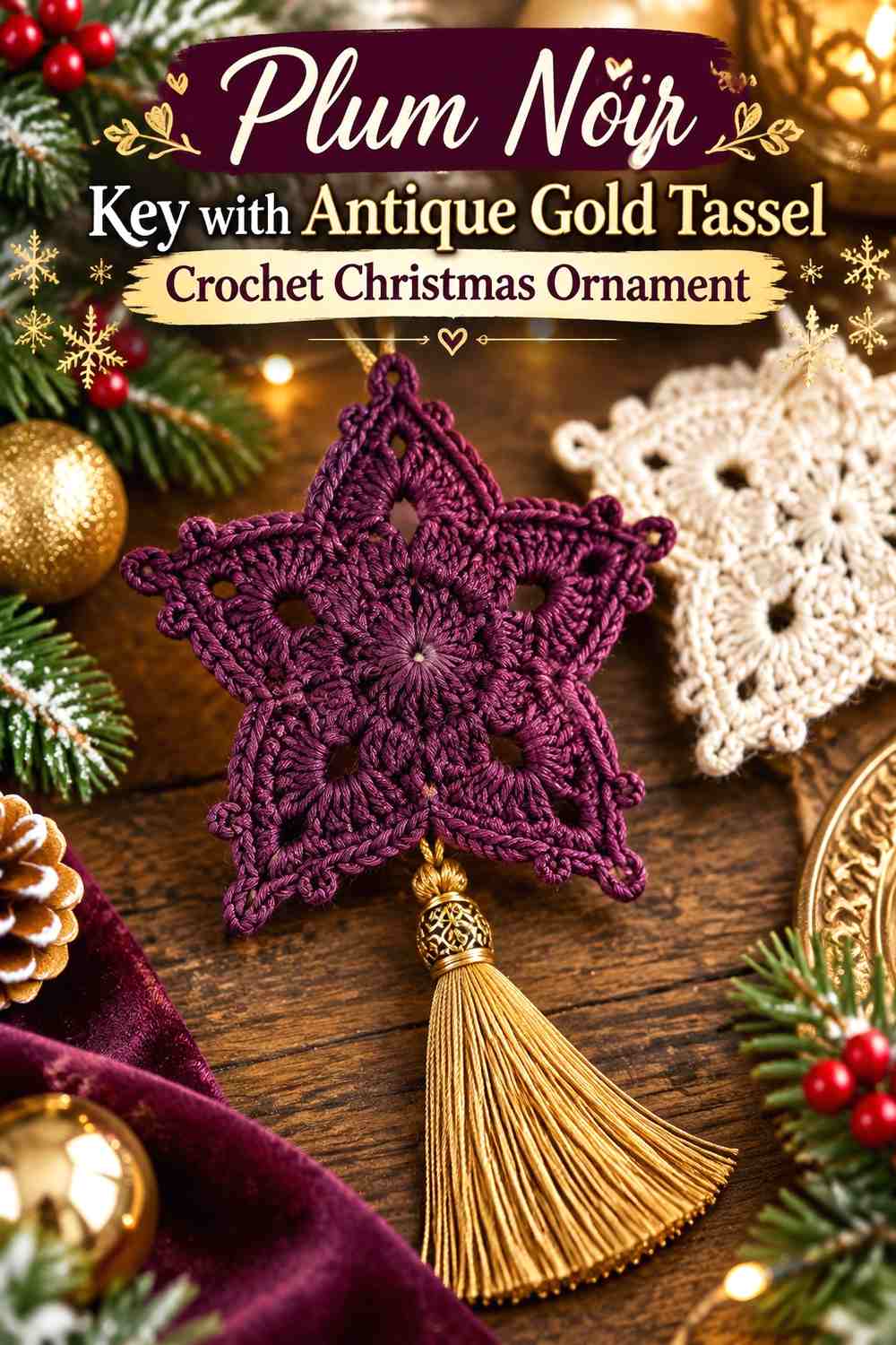 Plum Noir Key with Antique Gold Tassel Crochet Christmas Ornament