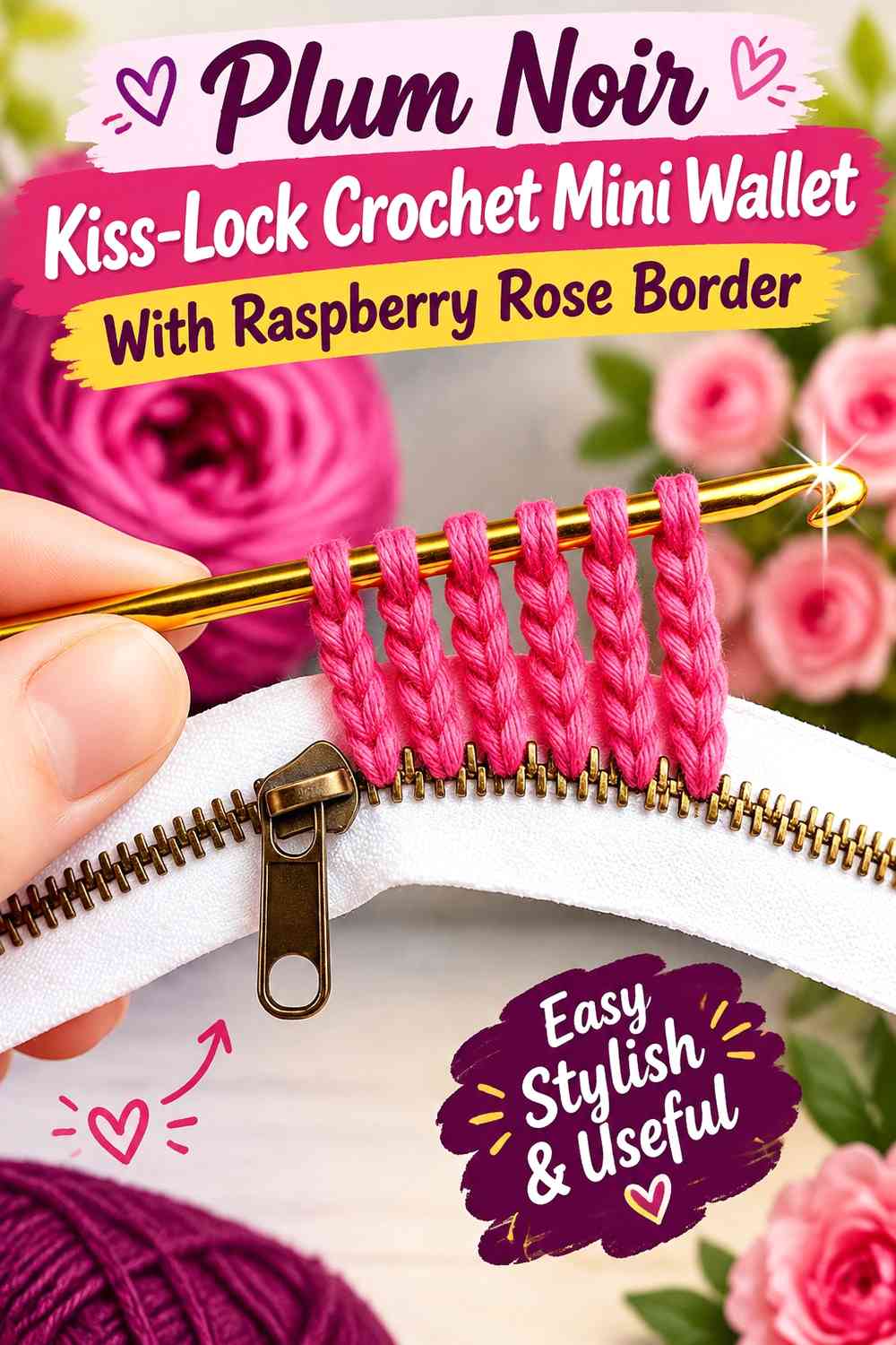 Plum Noir Kiss-Lock Crochet Mini Wallet With Raspberry Rose Border