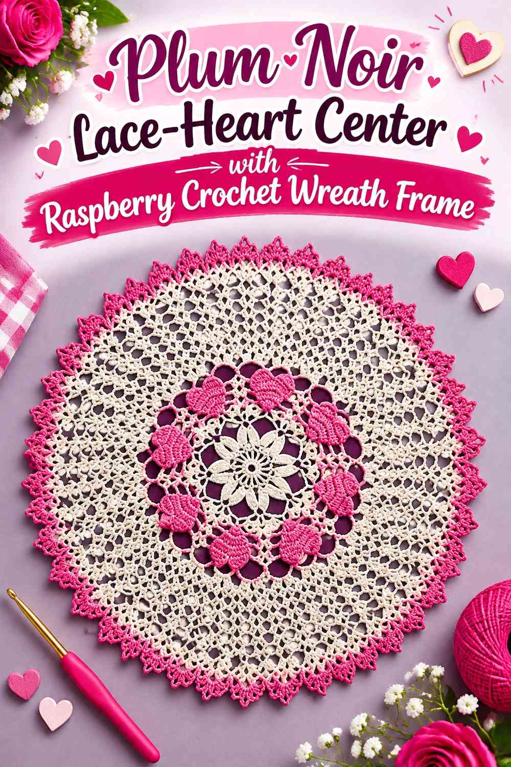 Plum Noir Lace-Heart Center with Raspberry Crochet Wreath Frame