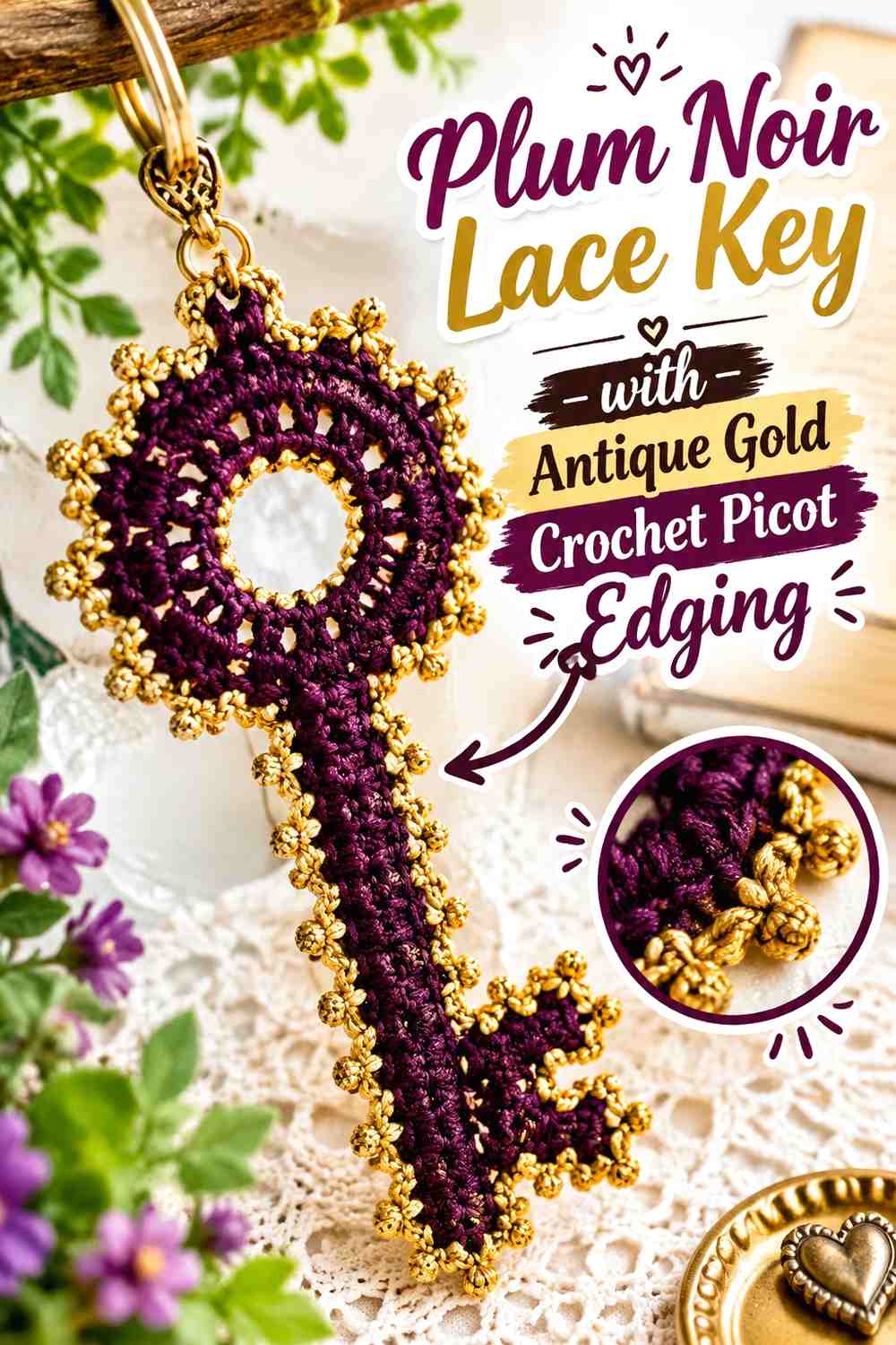 Plum Noir Lace Key with Antique Gold Crochet Picot Edging