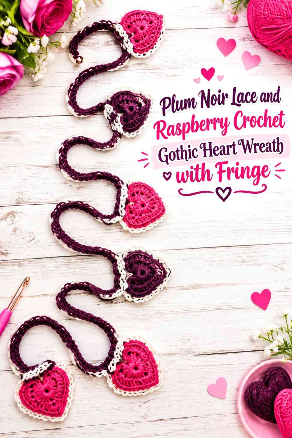 Plum Noir Lace and Raspberry Crochet Gothic Heart Wreath with Fringe