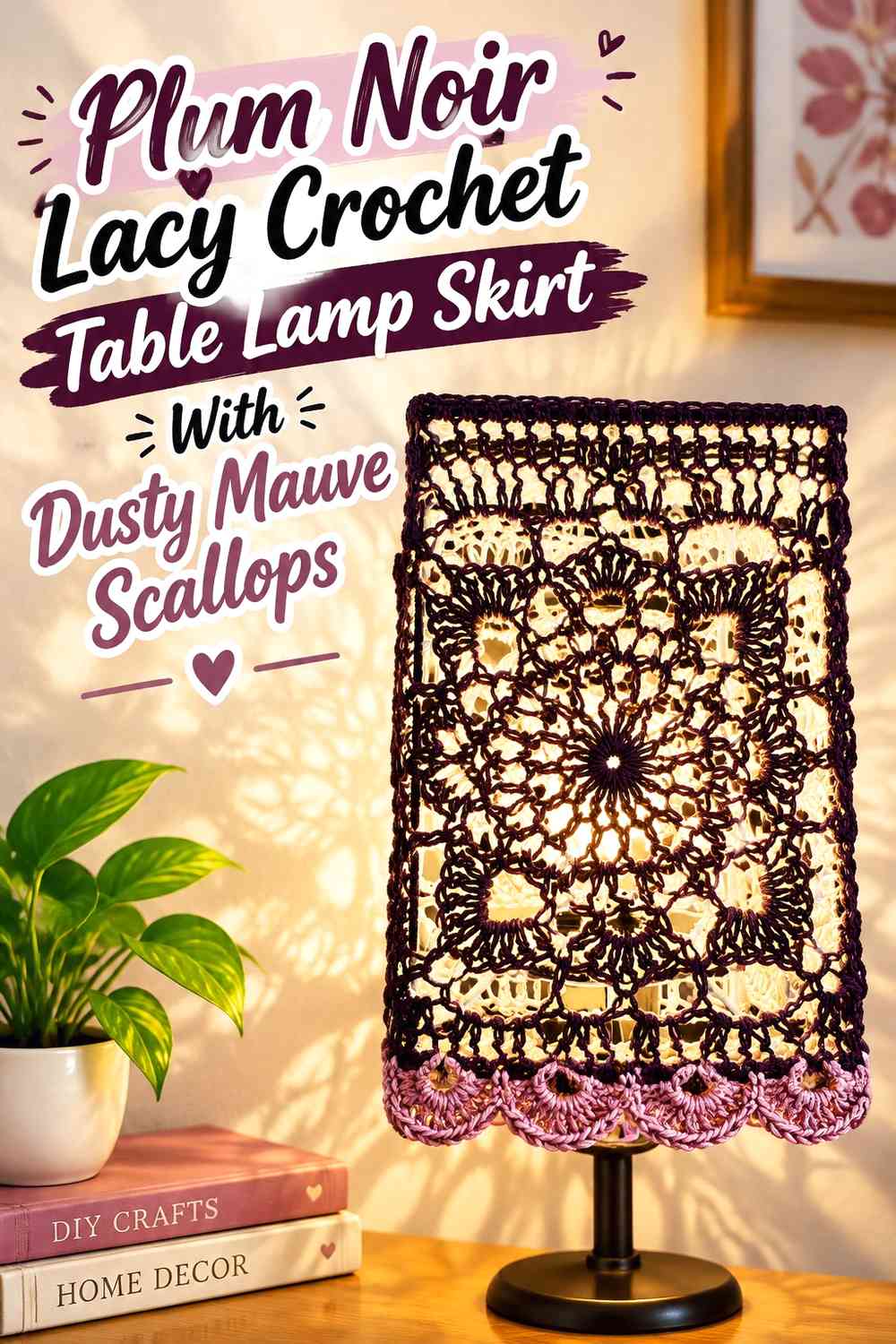 Plum Noir Lacy Crochet Table Lamp Skirt With Dusty Mauve Scallops
