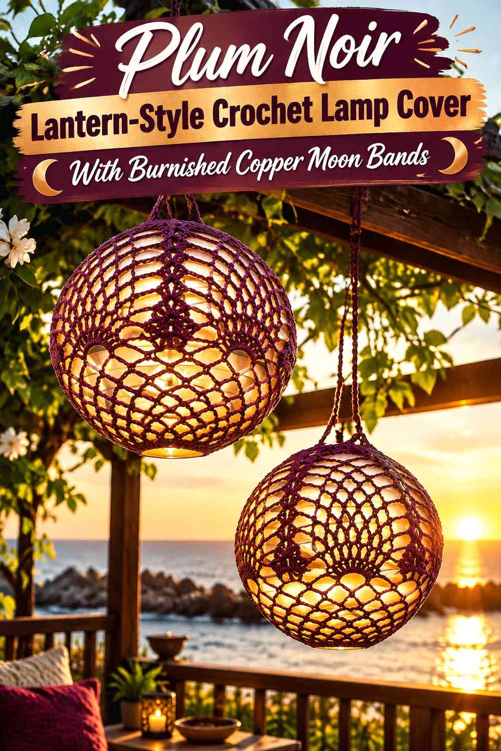Plum Noir Lantern-Style Crochet Lamp Cover With Burnished Copper Moon Bands