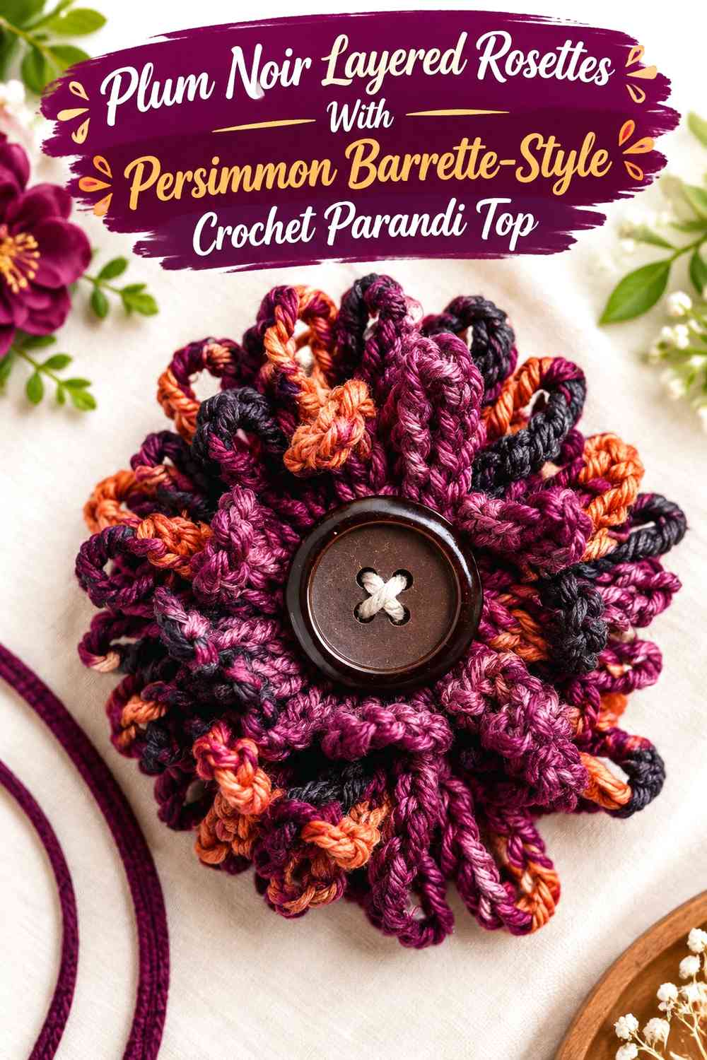 Plum Noir Layered Rosettes With Persimmon Barrette-Style Crochet Parandi Top