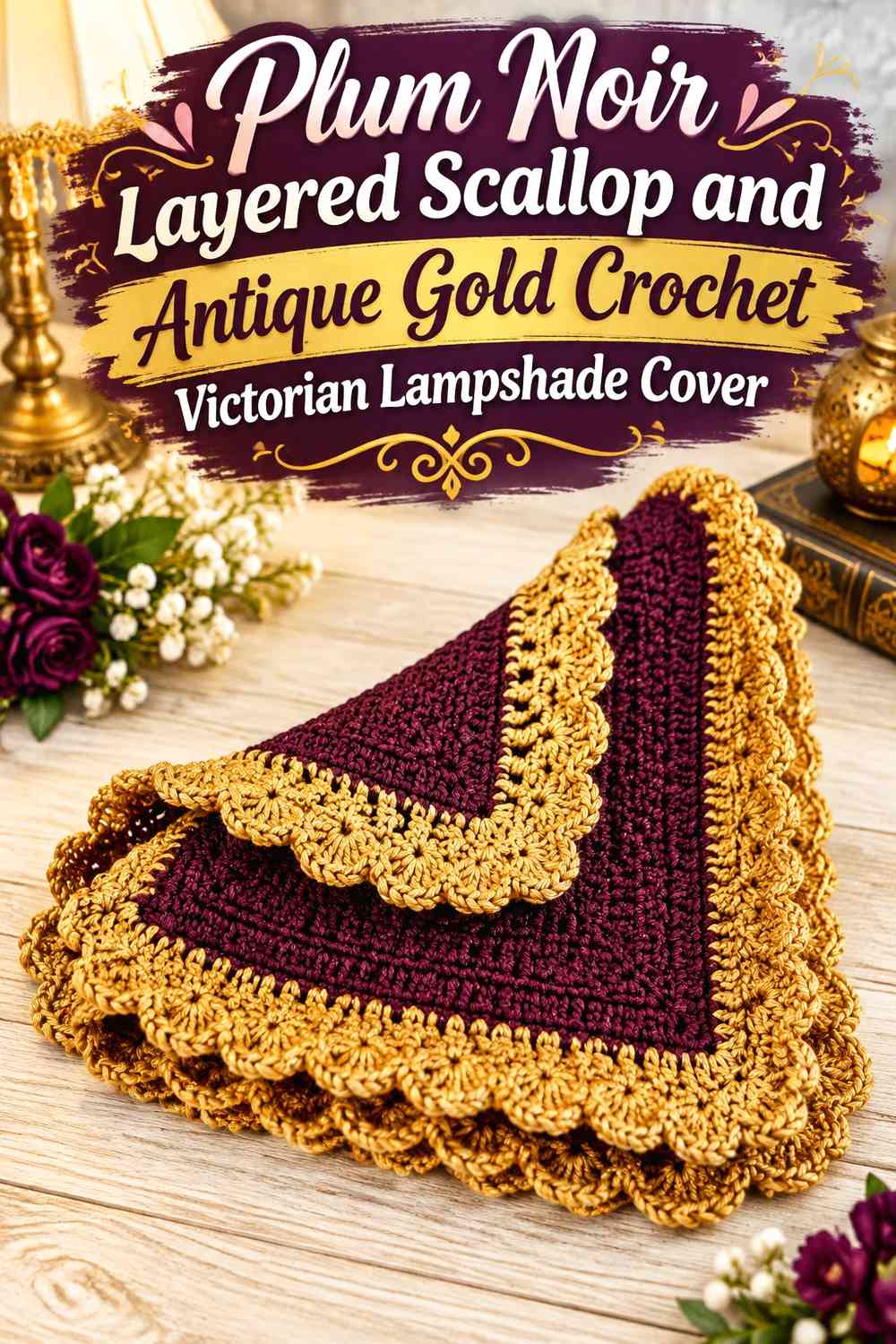 Plum Noir Layered Scallop and Antique Gold Crochet Victorian Lampshade Cover