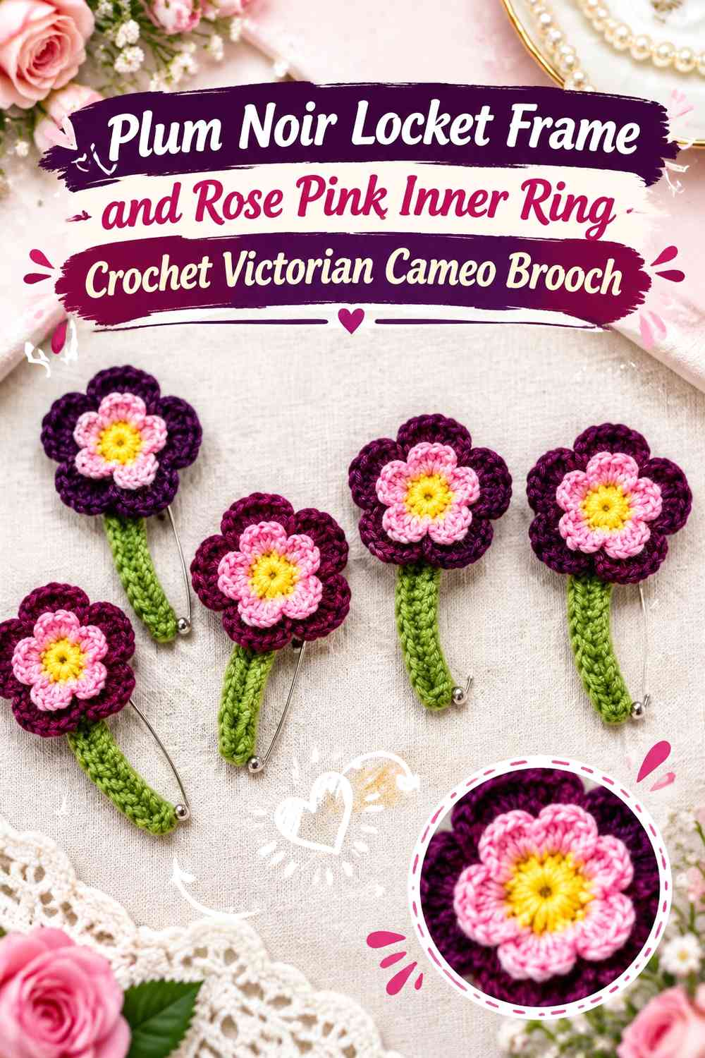 Plum Noir Locket Frame and Rose Pink Inner Ring Crochet Victorian Cameo Brooch