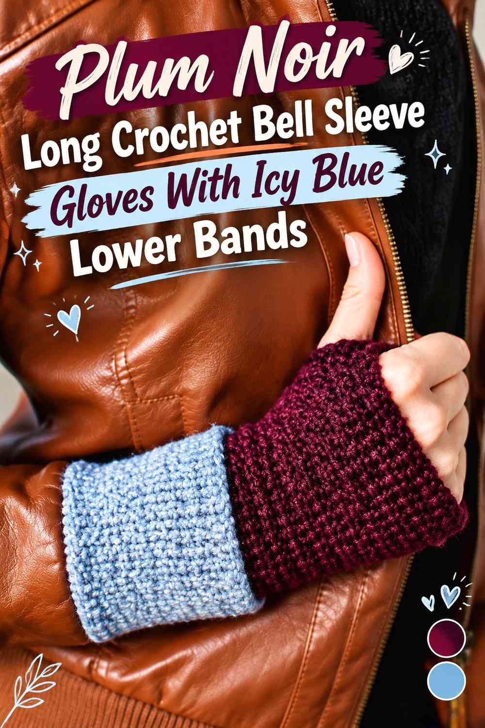 Plum Noir Long Crochet Bell Sleeve Gloves With Icy Blue Lower Bands