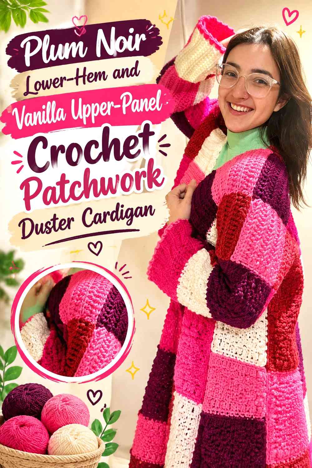 Plum Noir Lower-Hem and Vanilla Upper-Panel Crochet Patchwork Duster Cardigan
