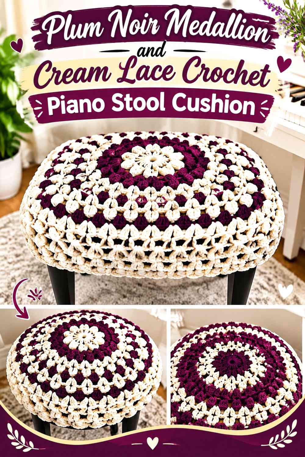 Plum Noir Medallion and Cream Lace Crochet Piano Stool Cushion
