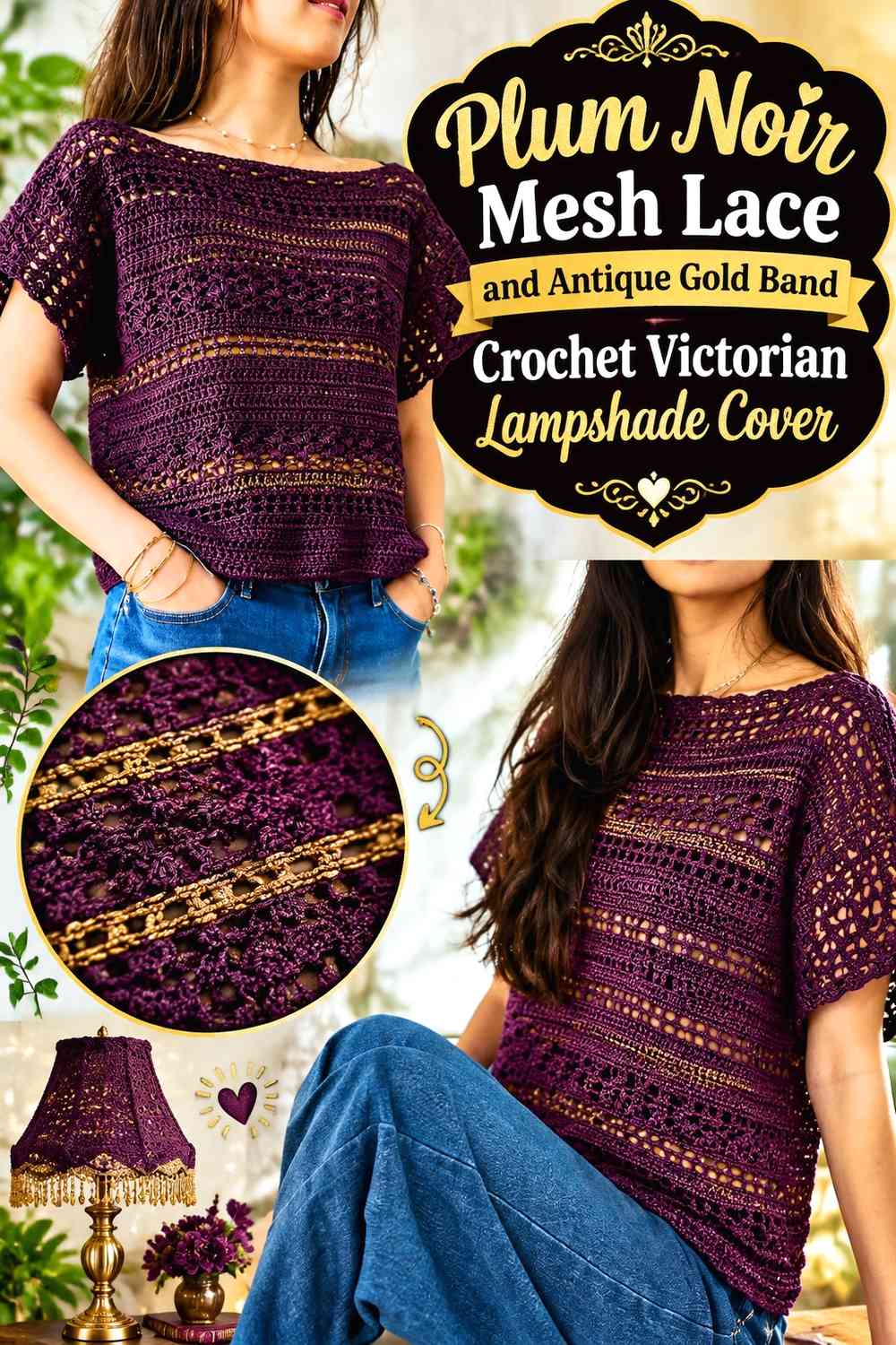 Plum Noir Mesh Lace and Antique Gold Band Crochet Victorian Lampshade Cover