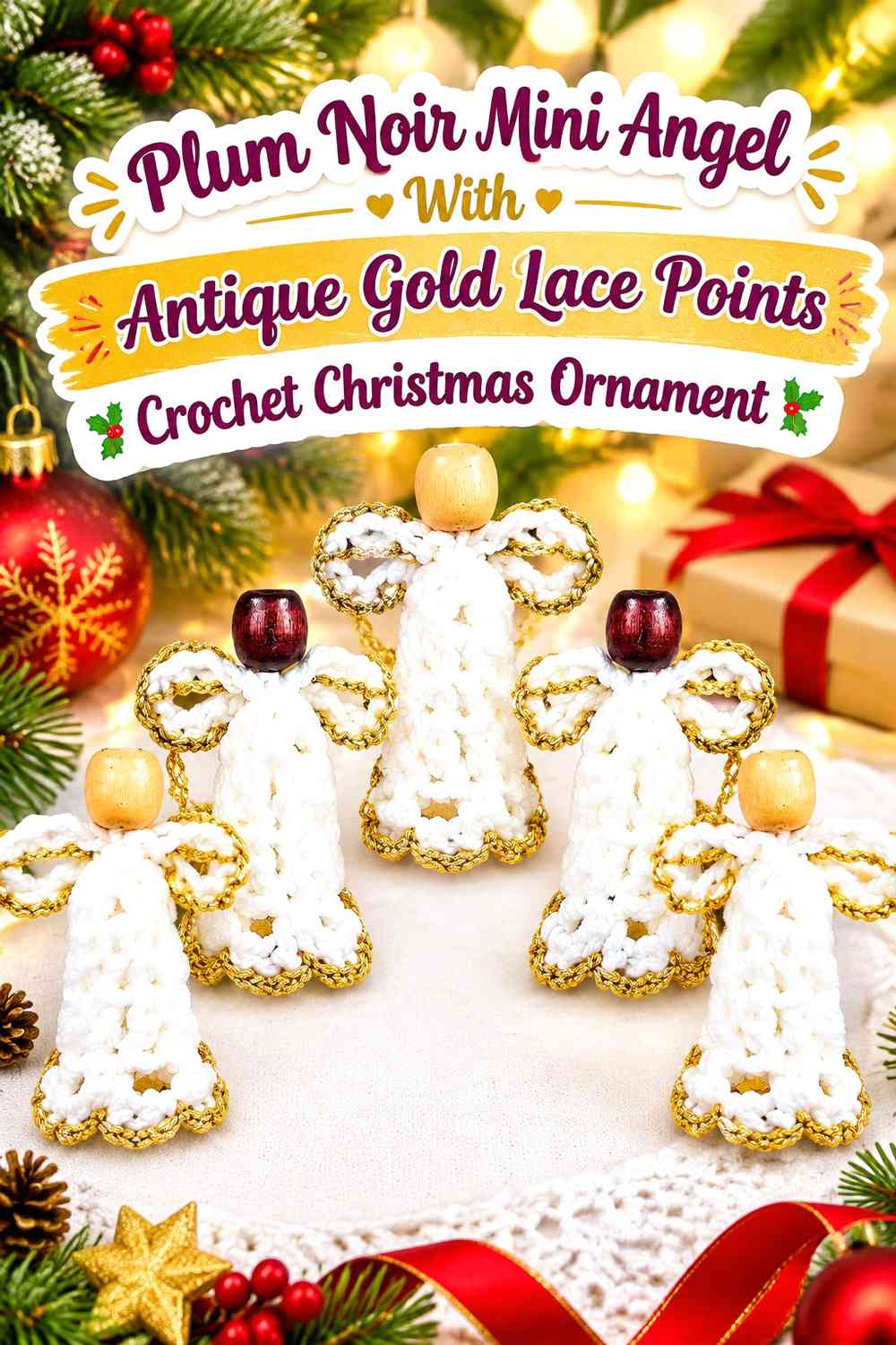 Plum Noir Mini Angel With Antique Gold Lace Points Crochet Christmas Ornament