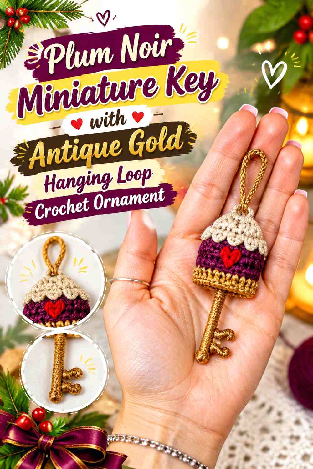 Plum Noir Miniature Key with Antique Gold Hanging Loop Crochet Ornament