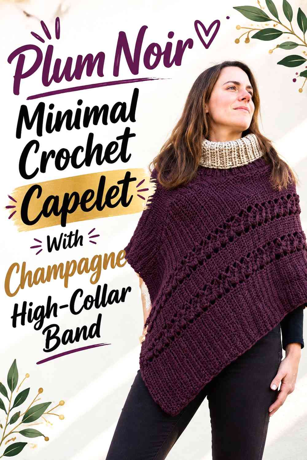 Plum Noir Minimal Crochet Capelet With Champagne High-Collar Band