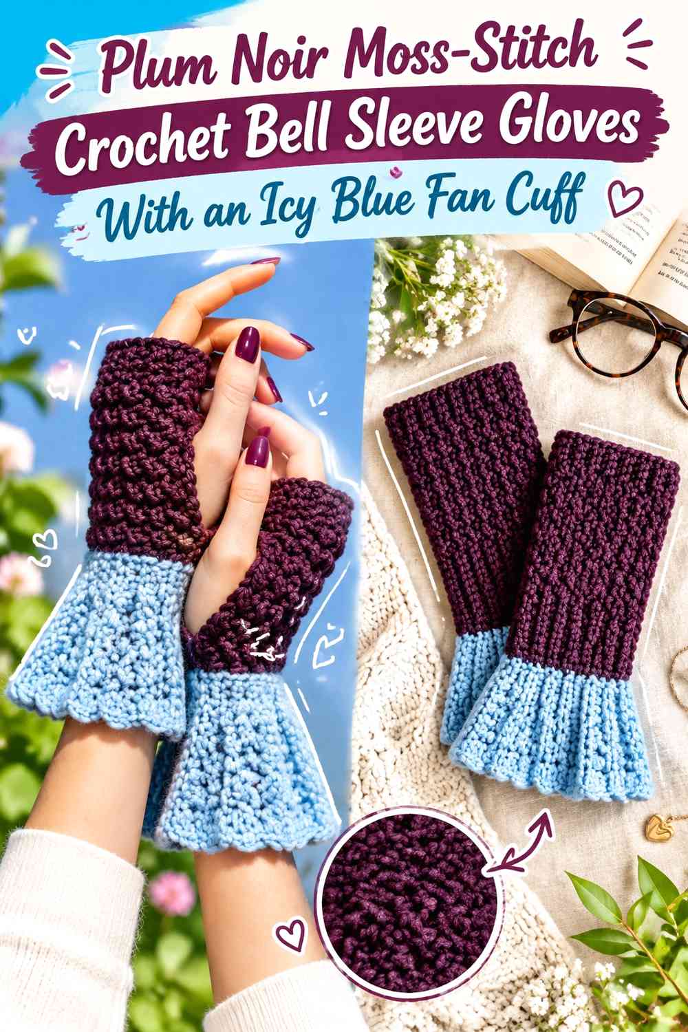 Plum Noir Moss-Stitch Crochet Bell Sleeve Gloves With an Icy Blue Fan Cuff