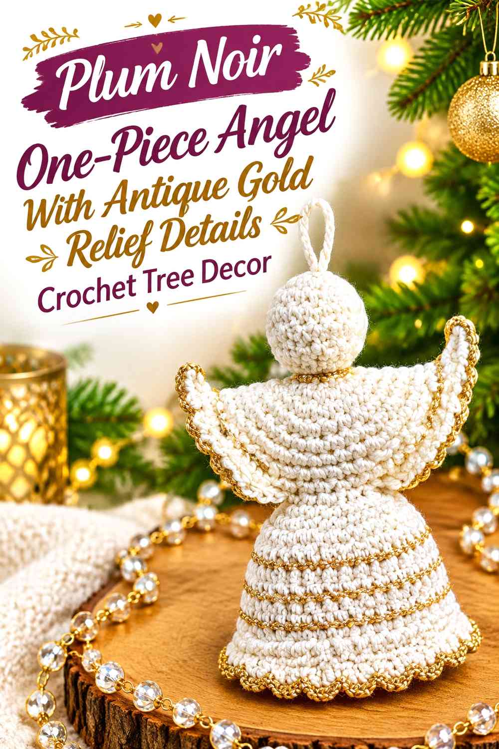 Plum Noir One-Piece Angel With Antique Gold Relief Details Crochet Tree Decor