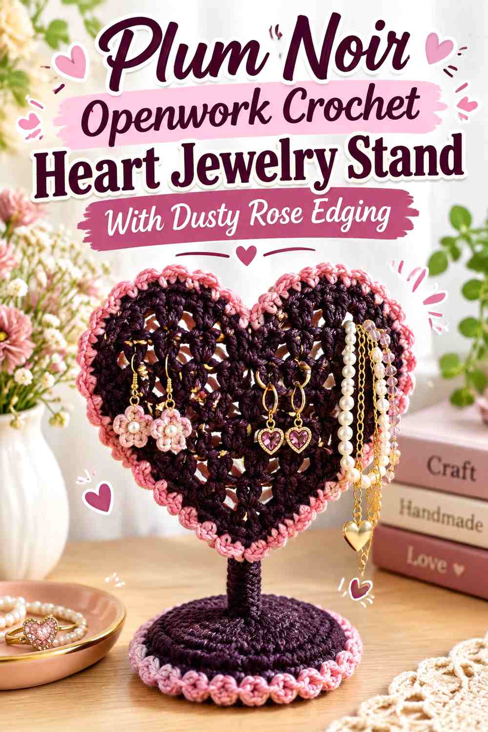 Plum Noir Openwork Crochet Heart Jewelry Stand With Dusty Rose Edging
