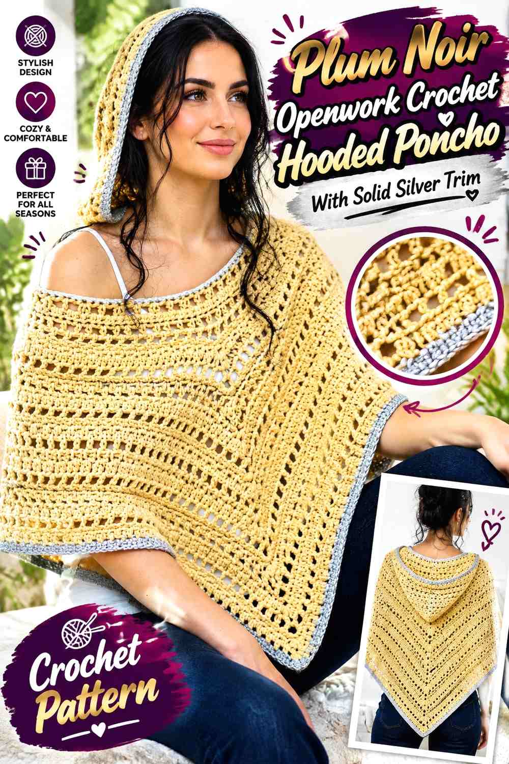 Plum Noir Openwork Crochet Hooded Poncho With Solid Silver Trim