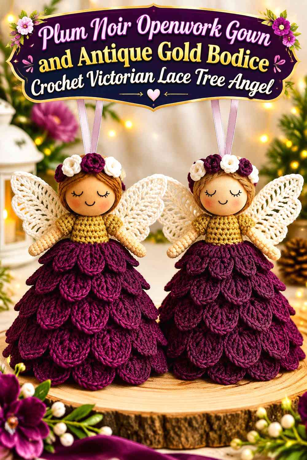Plum Noir Openwork Gown and Antique Gold Bodice Crochet Victorian Lace Tree Angel
