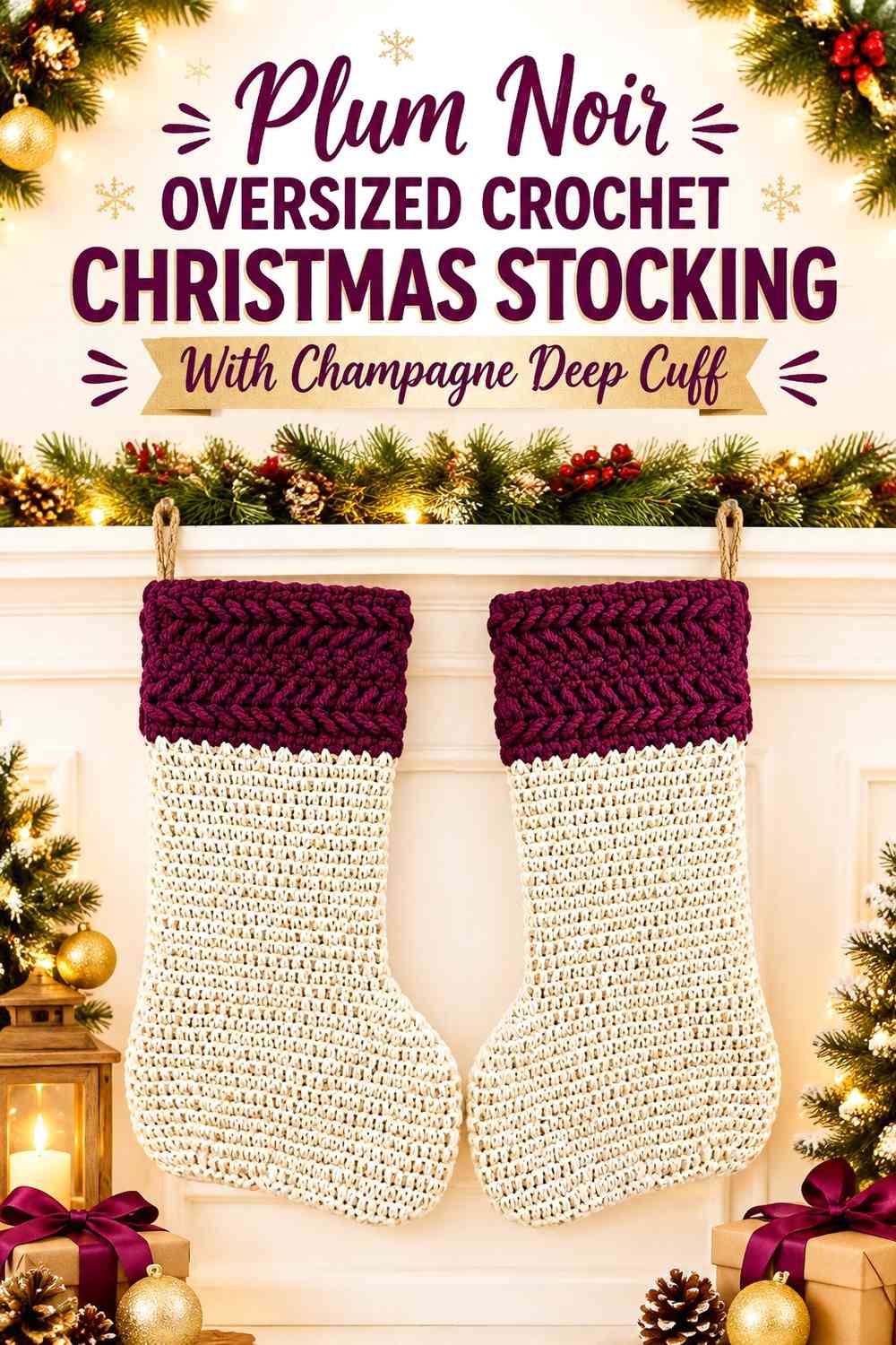 Plum Noir Oversized Crochet Christmas Stocking With Champagne Deep Cuff