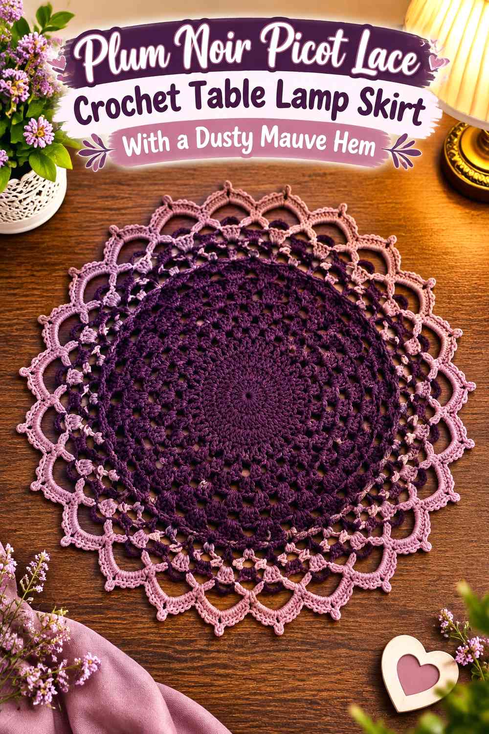 Plum Noir Picot Lace Crochet Table Lamp Skirt With a Dusty Mauve Hem