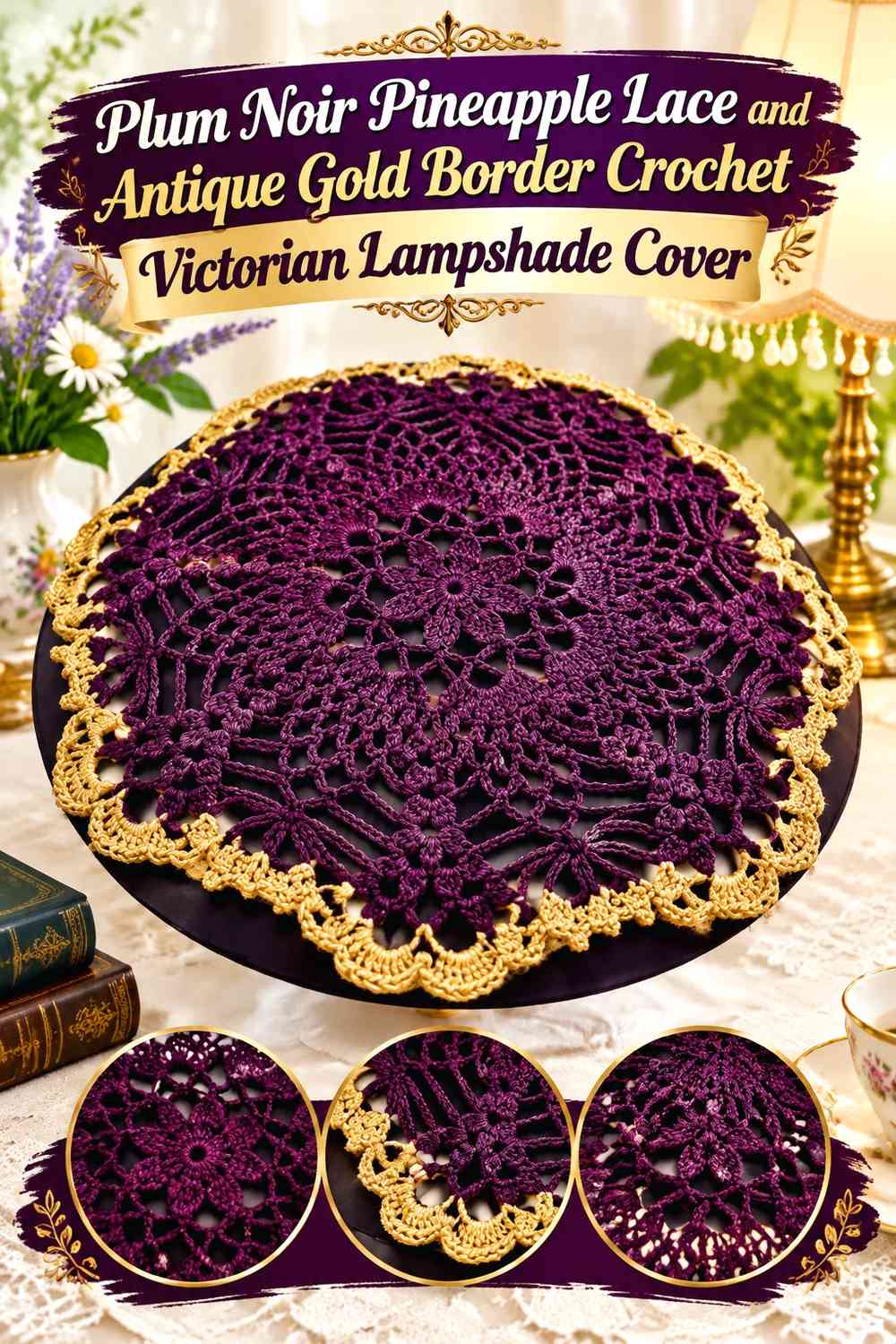 Plum Noir Pineapple Lace and Antique Gold Border Crochet Victorian Lampshade Cover