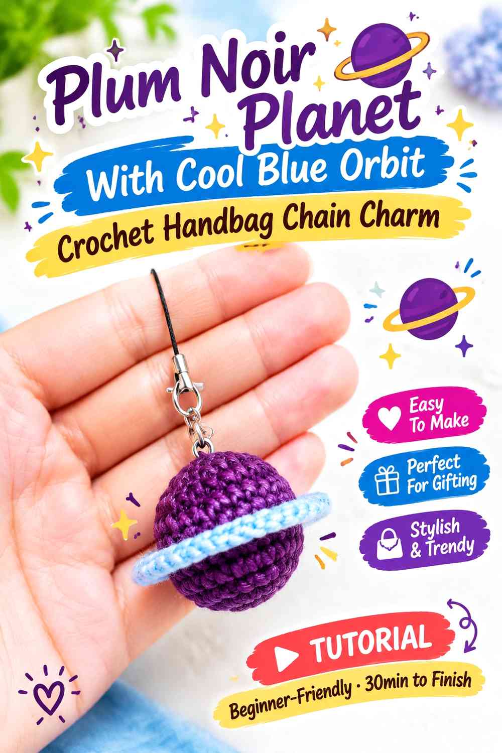 Plum Noir Planet With Cool Blue Orbit Crochet Handbag Chain Charm