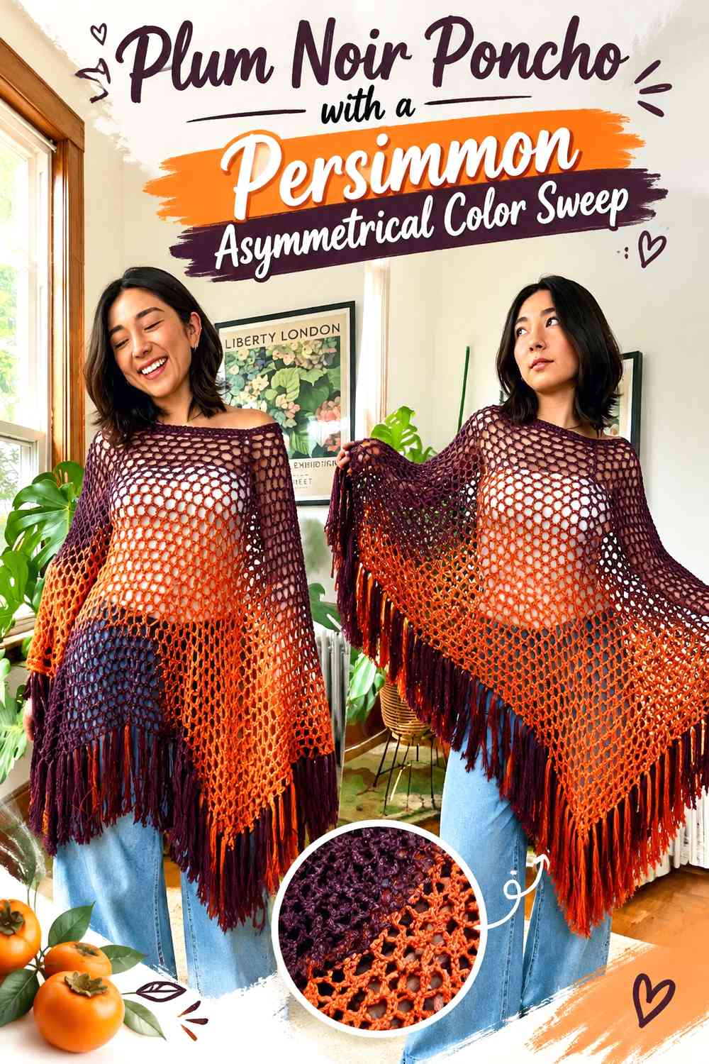 Plum Noir Poncho with a Persimmon Asymmetrical Color Sweep