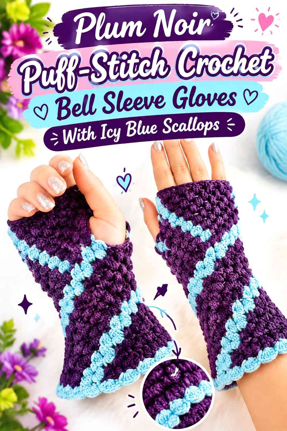 Plum Noir Puff-Stitch Crochet Bell Sleeve Gloves With Icy Blue Scallops