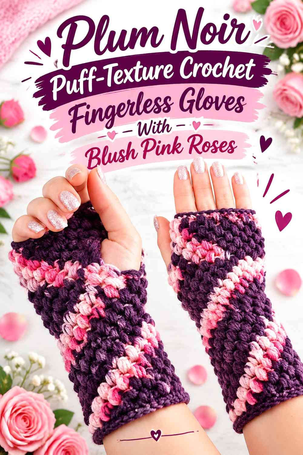Plum Noir Puff-Texture Crochet Fingerless Gloves With Blush Pink Roses