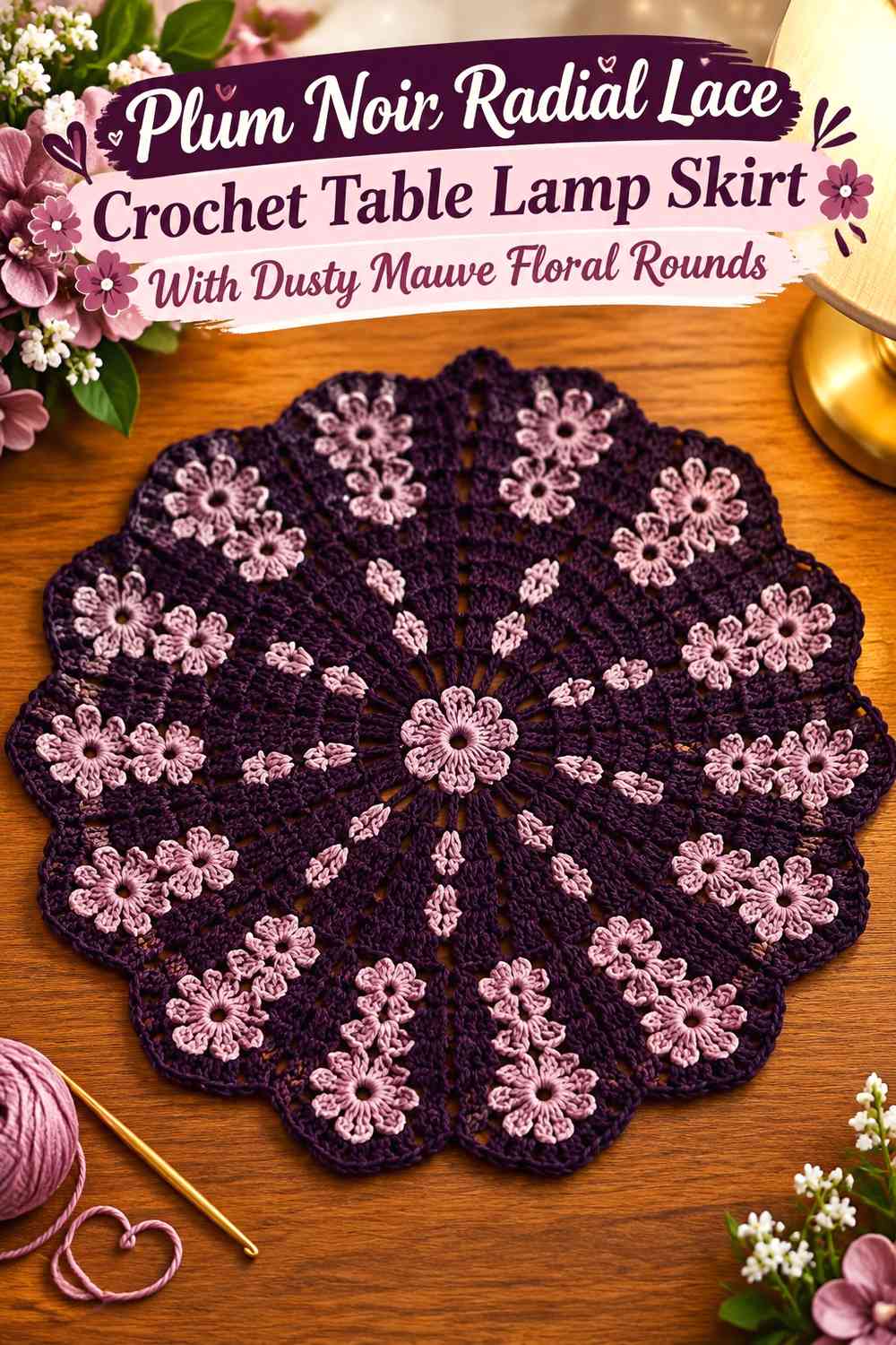 Plum Noir Radial Lace Crochet Table Lamp Skirt With Dusty Mauve Floral Rounds