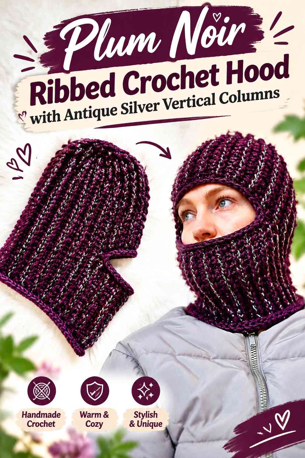 Plum Noir Ribbed Crochet Hood with Antique Silver Vertical Columns